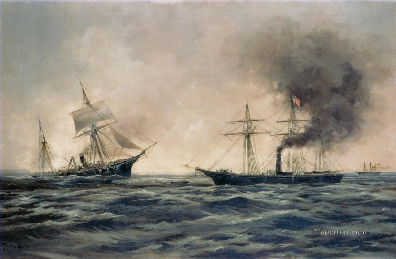 Hundimiento de la Armada de los EE. UU. del barco confederado CSS Alabama Naval Battle Pintura al óleo